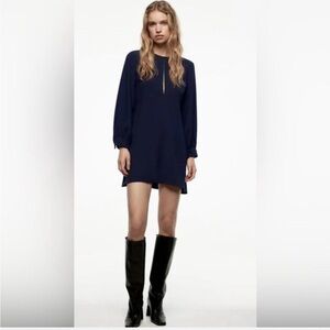 ZARA Navy Blue Shift Dress with Rhinestone Keyhole Neckline – Long Sleeve | XL